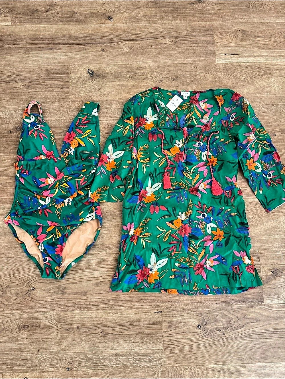 NWT! J.Crew Factory Ruched Plunge One-Piece Swimsuit & Matching Tassel Cover-Up